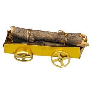 vintage ornament log wagon gold 4x1" Christmas READ used see photos